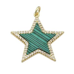 copper Star pendant paved Malachite, zircon, gold plated, approx 25mm