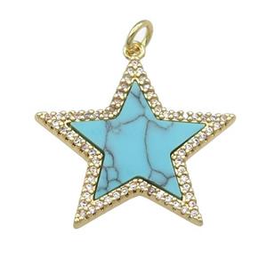 copper Star pendant paved Turquoise, zircon, gold plated, approx 25mm