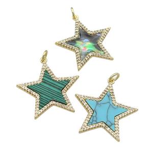 copper Star pendant paved gemstone, zircon, gold plated, mixed, approx 25mm