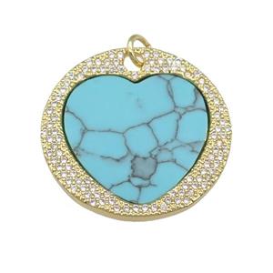 copper circle Heart pendant paved Turquoise, zircon, gold plated, approx 27mm