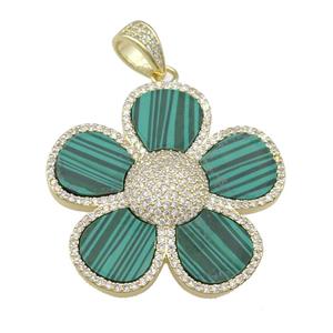 copper Flower pendant paved Malachite, zircon, gold plated, approx 38mm
