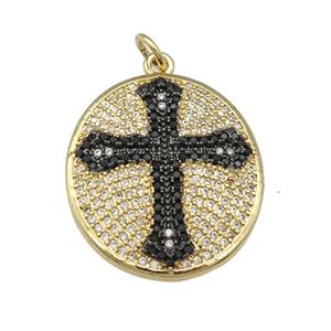copper oval Cross pendant paved zircon, gold plated, approx 22-25mm