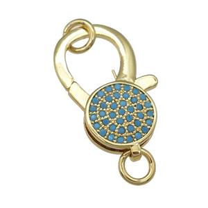 copper Lobster Clasp paved turq zircon, gold plated, approx 9-18mm