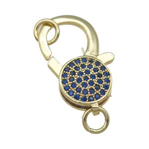 copper Lobster Clasp paved blue zircon, gold plated, approx 9-18mm