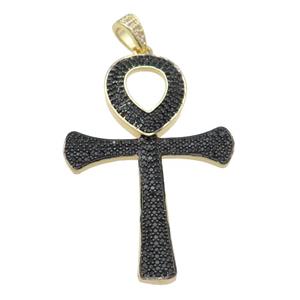 Copper Ankh Cross Pendant Pave Black Zircon Gold Plated, approx 32-48mm
