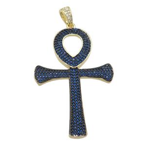 Copper Ankh Cross Pendant Pave Blue Zircon Gold Plated, approx 32-48mm