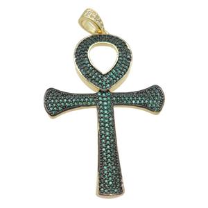 Copper Ankh Cross Pendant Pave Green Zircon Gold Plated, approx 32-48mm