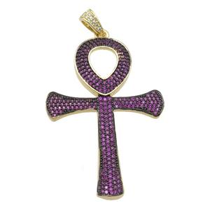 Copper Ankh Cross Pendant Pave Fuchsia Zircon Gold Plated, approx 32-48mm