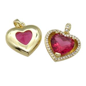 copper Heart pendant pave red zircon, gold plated, approx 15mm