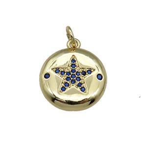 copper circle Star pendant pave blue zircon, gold plated, approx 15mm dia