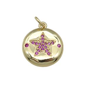 copper circle Star pendant pave hotpink zircon, gold plated, approx 15mm dia
