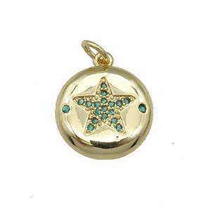copper circle Star pendant pave green zircon, gold plated, approx 15mm dia