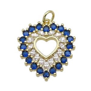 copper heart pendant paved blue zircon, gold plated, approx 19-20mm
