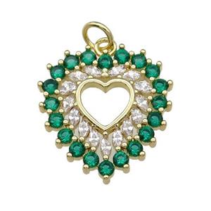 copper heart pendant paved green zircon, gold plated, approx 19-20mm
