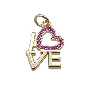 copper LOVE pendant pave zircon, heart, gold plated, approx 12-15mm