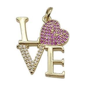 copper LOVE pendant pave zircon, heart, gold plated, approx 18-22mm