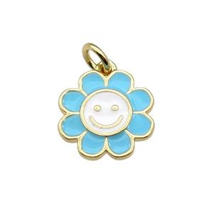 copper sunflower pendant with aqua enamel, happyface, gold plated, approx 13.5mm