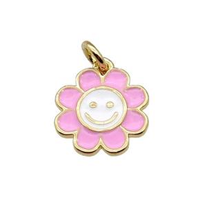 copper sunflower pendant with pink enamel, happyface, gold plated, approx 13.5mm