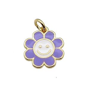 copper sunflower pendant with lavender enamel, happyface, gold plated, approx 13.5mm