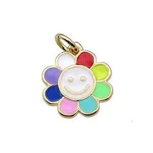 copper sunflower pendant with multicolor enamel, happyface, gold plated, approx 13.5mm