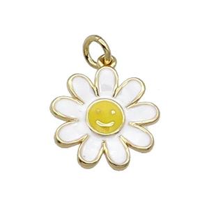 copper daisy flower pendant with white enamel, happyface, gold plated, approx 15mm