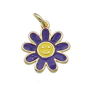 copper daisy flower pendant with purple enamel, happyface, gold plated, approx 15mm