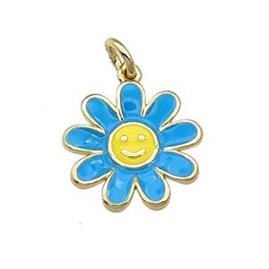 copper daisy flower pendant with blue enamel, happyface, gold plated, approx 15mm