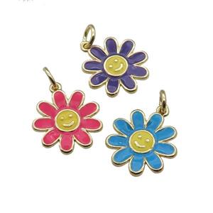 copper daisy flower pendant with enamel, happyface, gold plated, mixed, approx 15mm