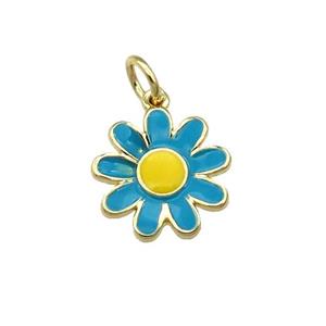copper daisy flower pendant with teal enamel, gold plated, approx 13mm