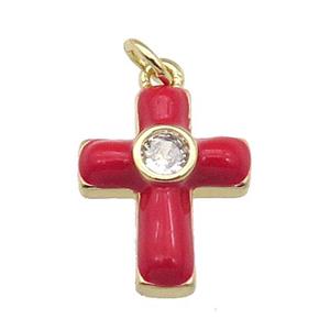 copper Cross pendant pave zircon with red enamel, gold plated, approx 14-18mm