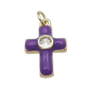copper Cross pendant pave zircon with purple enamel, gold plated, approx 14-18mm