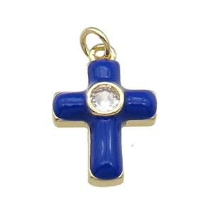 copper Cross pendant pave zircon with blue enamel, gold plated, approx 14-18mm