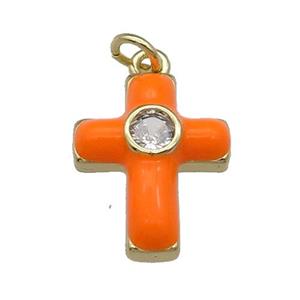 copper Cross pendant pave zircon with orange enamel, gold plated, approx 14-18mm