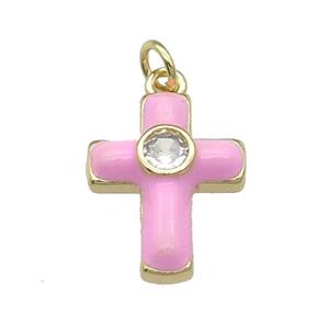 copper Cross pendant pave zircon with pink enamel, gold plated, approx 14-18mm