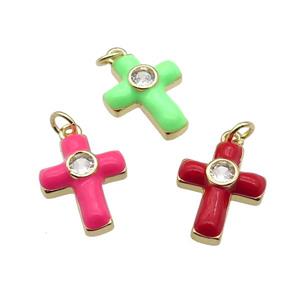 copper Cross pendant pave zircon with enamel, gold plated, mixed, approx 14-18mm