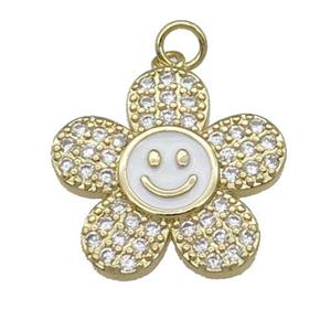 copper sunflower pendant pave zircon with white enamel, happyface, gold plated, approx 21mm