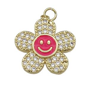 copper sunflower pendant pave zircon with red enamel happyface, gold plated, approx 21mm