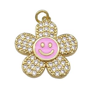 copper sunflower pendant pave zircon with pink enamel happyface, gold plated, approx 21mm
