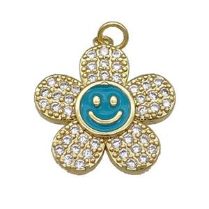 copper sunflower pendant pave zircon with teal enamel happyface, gold plated, approx 21mm