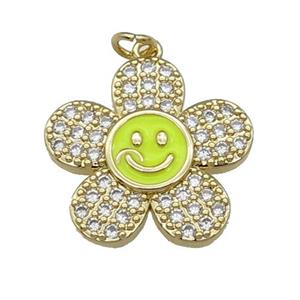 copper sunflower pendant pave zircon with yellow enamel happyface, gold plated, approx 21mm