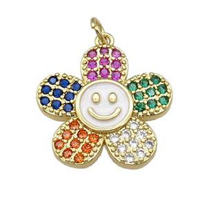 copper sunflower pendant pave zircon with white enamel happyface, gold plated, approx 21mm
