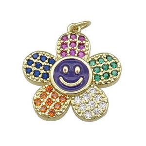 copper sunflower pendant pave zircon with purple enamel happyface, gold plated, approx 21mm