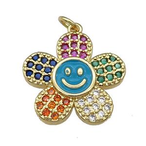 copper sunflower pendant pave zircon with teal enamel happyface, gold plated, approx 21mm