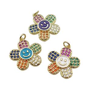 copper sunflower pendant pave zircon with enamel happyface, gold plated, mixed, approx 21mm