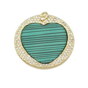copper circle Heart pendant paved Malachite, zircon, gold plated, approx 27mm
