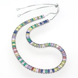 copper Necklace pave multicolor zircon, adjustable, platinum plated, approx 6mm, 29-46cm length