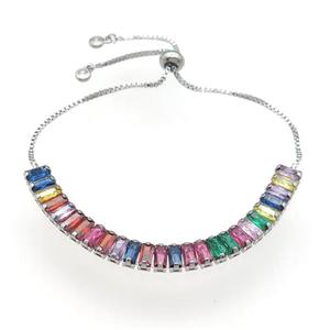 copper Bracelet pave multicolor zircon, adjustable, platinum plated, approx 7mm, 9-23cm length