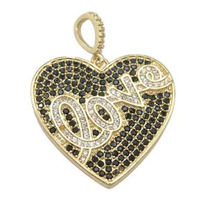 copper Heart pendant pave black zircon, LOVE, gold plated, approx 28mm