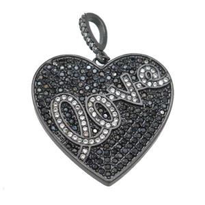 copper Heart pendant pave black zircon, LOVE, black plated, approx 28mm