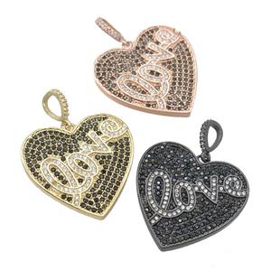 copper Heart pendant pave black zircon, LOVE, mixed, approx 28mm